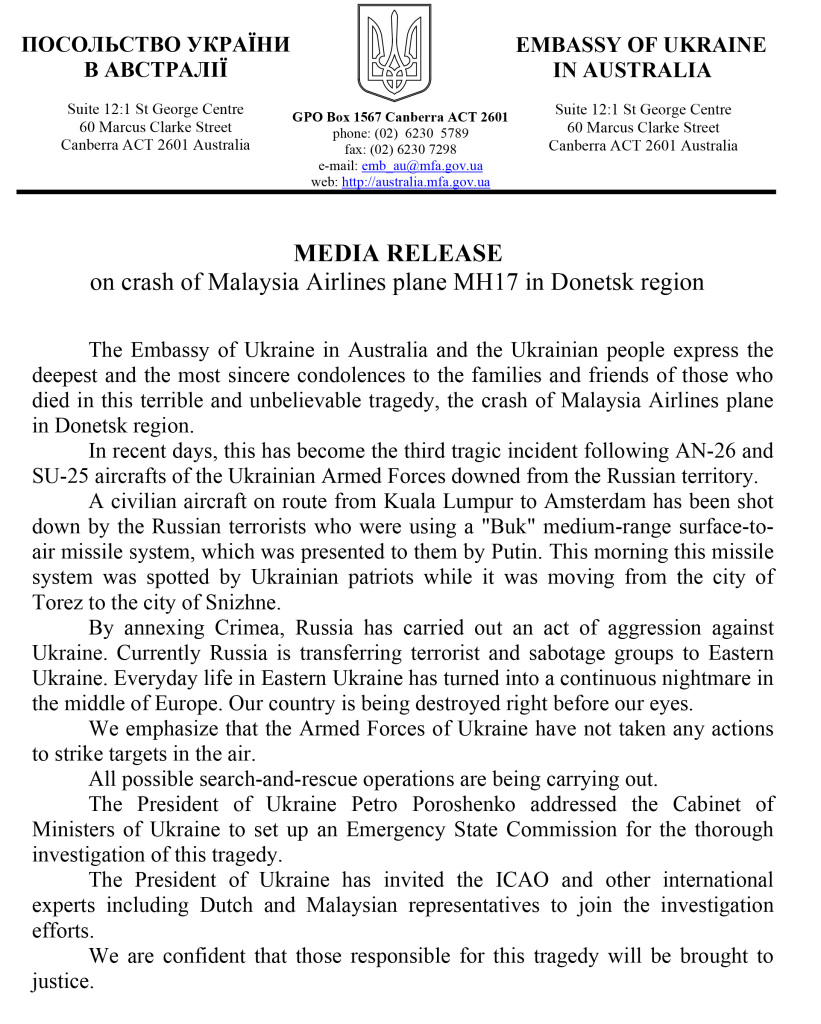 Ukrainian Embassy Media Release