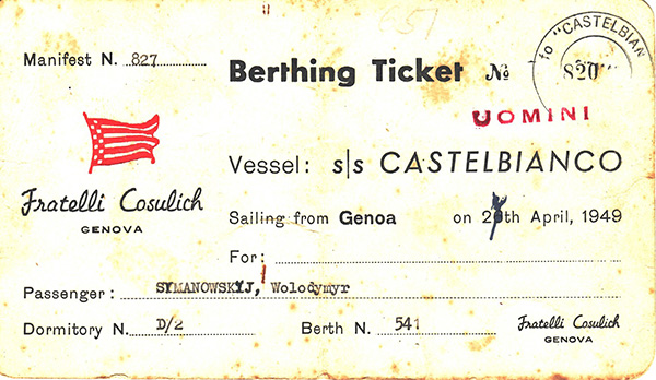 SS Castelbianco, 1948 A copy of Wolodymyr Simanowskyj’s ticket to Australia.  