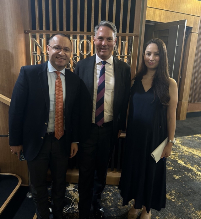 Defence Minister Richard Marles, Vasyl Myroshnychenko and Kateryna Argyrou